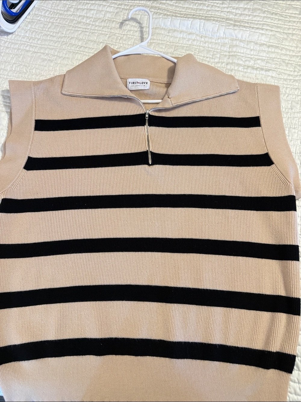 First Love Beige and Black Striped Sleeveless Zip-Front V-Neck Sweater